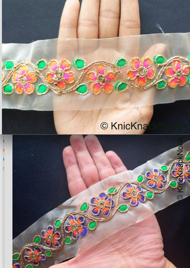Wholesale Gold Sheer Tissue Fabric Trim With Hand Embroidered Blue, Orange, Green & Gold Flowers